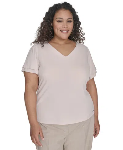 Calvin Klein Plus Size Solid V-neck Double-ruffle Top In Wicker