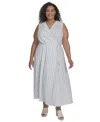Calvin Klein Plus Size Striped Faux-wrap Maxi Dress In Blue Multi