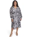 Calvin Klein Plus Size Tie Sleeve Chiffon Pull-on Midi Dress In Gray