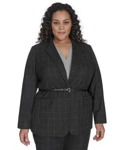 Calvin Klein Plus Size Windowpane Belted Jacket In Black,cream