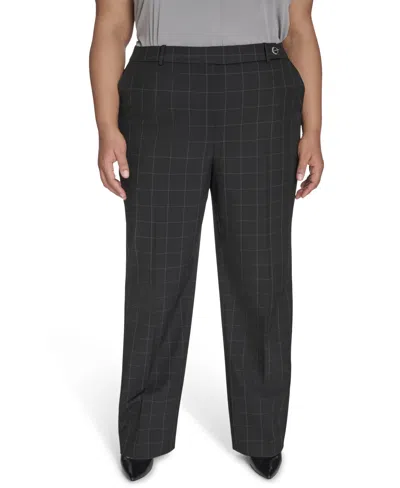 Calvin Klein Plus Size Windowpane Print Wide Leg Pants In Black,cream