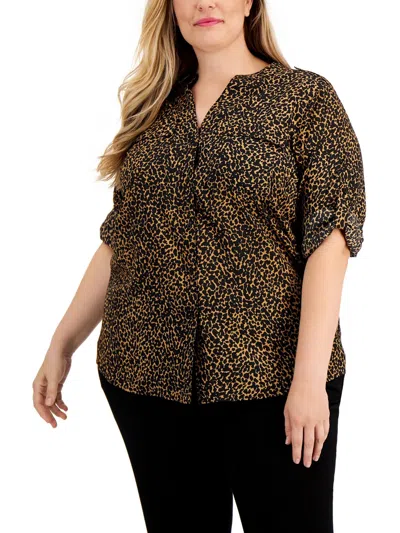 Calvin Klein Plus Womens Animal Print V-neck Button-down Top In Black