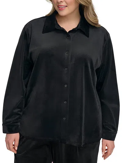 Calvin Klein Plus Womens Button Down Velour Blouse In Black