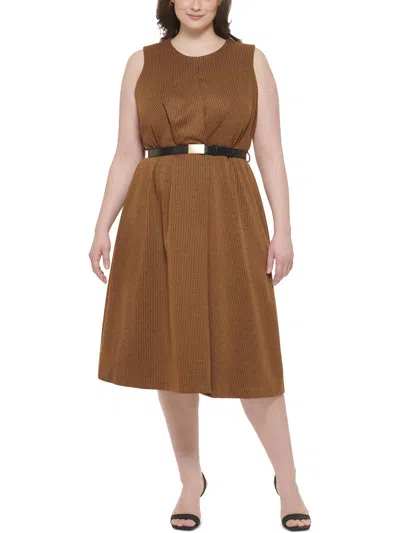 Calvin Klein Plus Womens Chevron Polyester Midi Dress In Brown