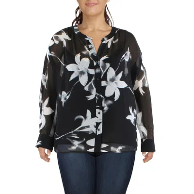 Calvin Klein Plus Womens Chiffon Sheer Button-down Top In Black