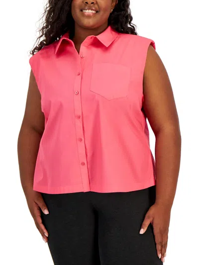 Calvin Klein Plus Womens Cotton Button-down Top In Pink