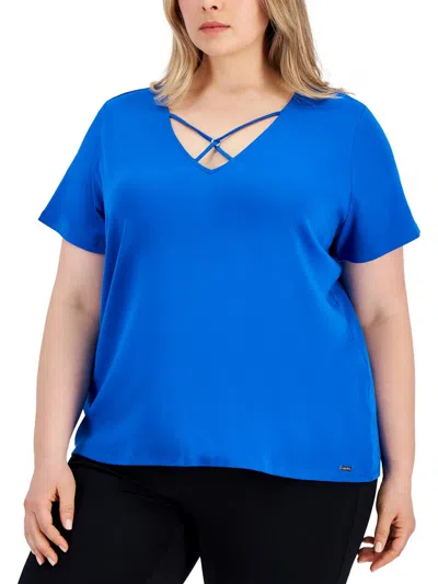 Calvin Klein Plus Womens Criss-cross Front Knit Blouse In Blue