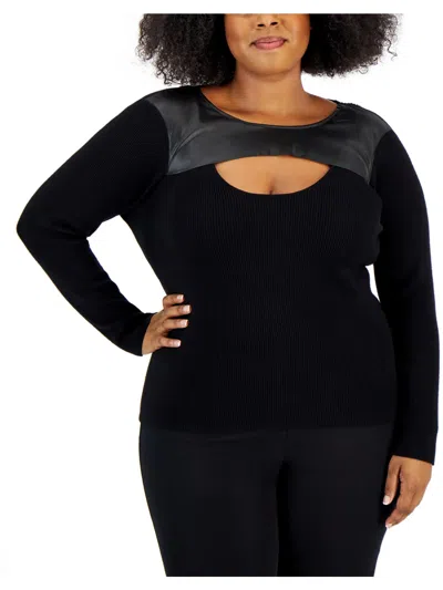 Calvin Klein Plus Womens Cut-out Ribbed Pullover Sweater In Black