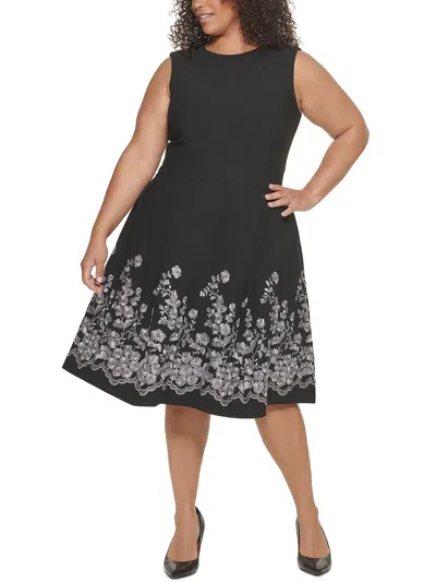 Calvin Klein Plus Womens Embroidered Midi Fit & Flare Dress In Black