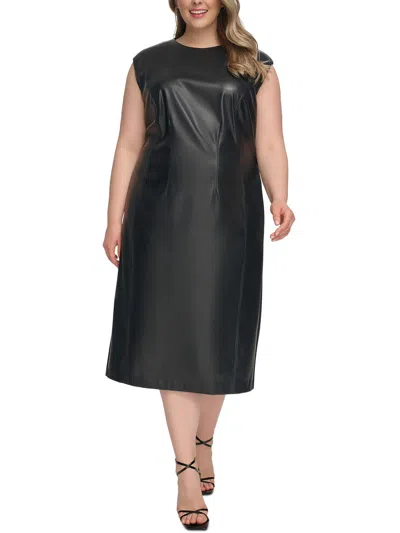 Calvin Klein Plus Womens Faux Leather Sleeveless Midi Dress In Black