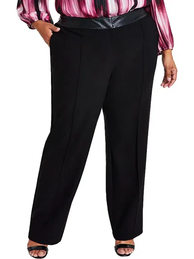 Calvin Klein Plus Womens Faux Leather Trim High Rise Wide Leg Pants In Black