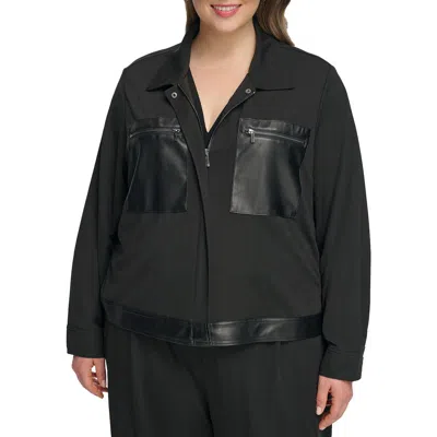 Calvin Klein Plus Womens Faux Leather Trim Lightweight Shirt Jacket In Black