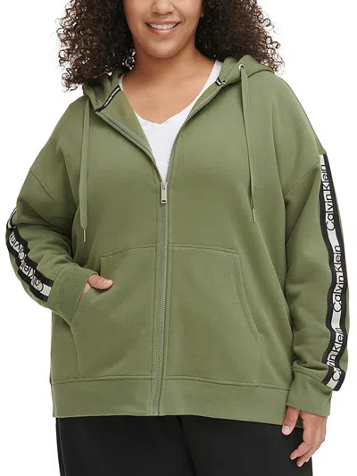Calvin Klein Plus Womens Fleece Striped Zip Hoodie In Green