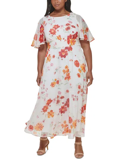 Calvin Klein Plus Womens Floral Print Long Maxi Dress In White