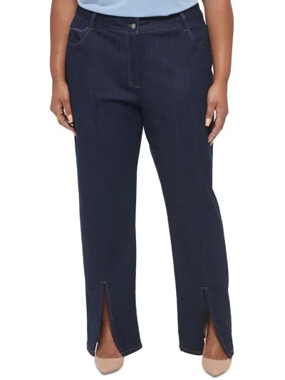 Calvin Klein Plus Womens High Rise Front Slit Straight Leg Jeans In Blue