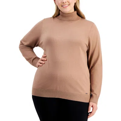 Calvin Klein Plus Womens Knit Ribbed Turtleneck Sweater In Cafe Ole