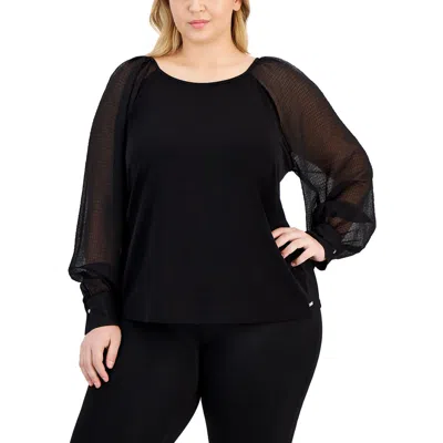 Calvin Klein Plus Womens Long Sleeve Scoop Neck Blouse In Black