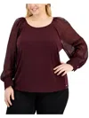 Calvin Klein Plus Womens Long Sleeve Scoop Neck Blouse In Red