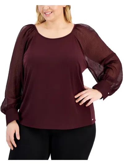 Calvin Klein Plus Womens Long Sleeve Scoop Neck Blouse In Red