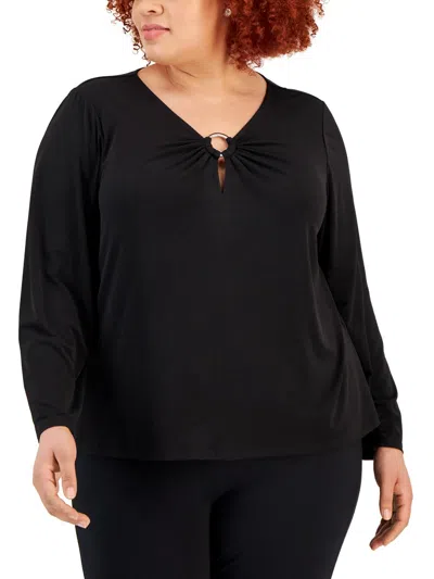 Calvin Klein Plus Womens O-ring Neck Dressy Blouse In Black
