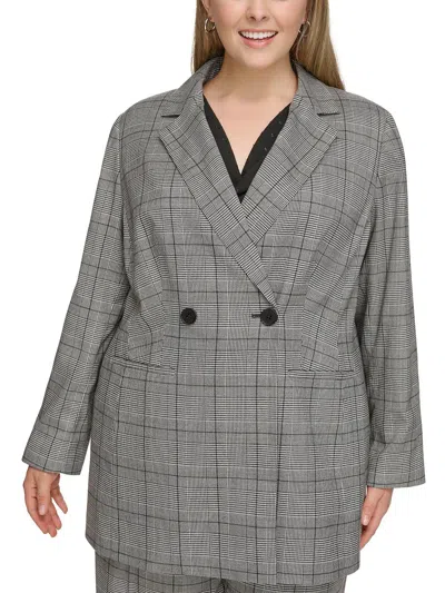Calvin Klein Plus Womens Plaid Wear To Work Two-button Blazer In Black