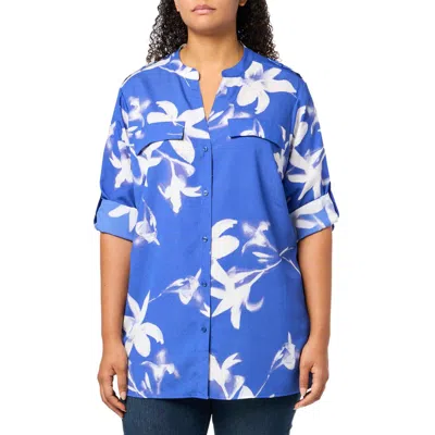 Calvin Klein Plus Womens Printed Adjustable Sleeves Button-down Top In Multi
