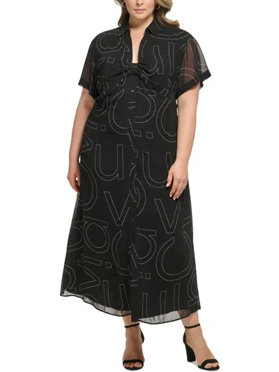 Calvin Klein Plus Womens Printed Polyester Midi Dress In Black