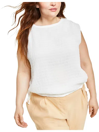 Calvin Klein Plus Womens Smocked Tie Waist Blouse In White