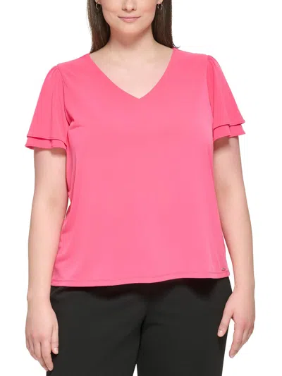 Calvin Klein Plus Womens Solid Polyester Blouse In Pink