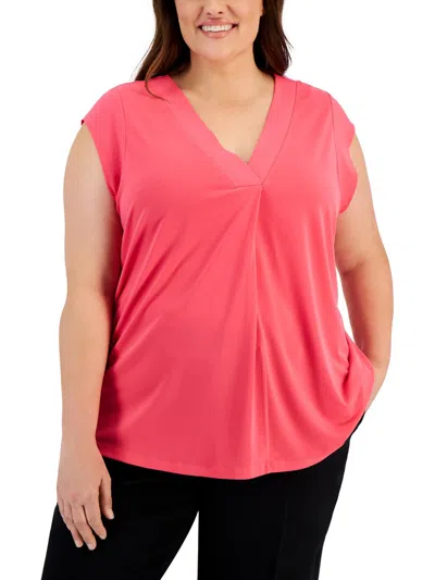 Calvin Klein Plus Womens V-neck Mixed Media Blouse In Pink