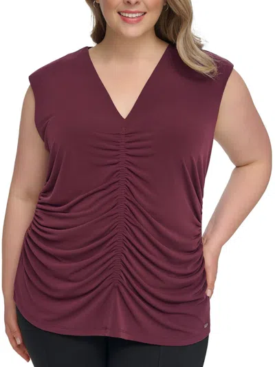 Calvin Klein Plus Womens V-neck Shirred Pullover Top In Red