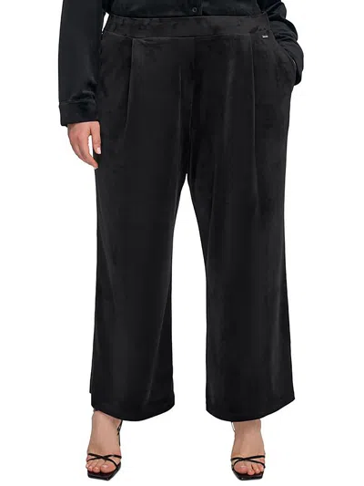 Calvin Klein Plus Size Velvet Wide-leg Pull-on Pleated Pants In Black