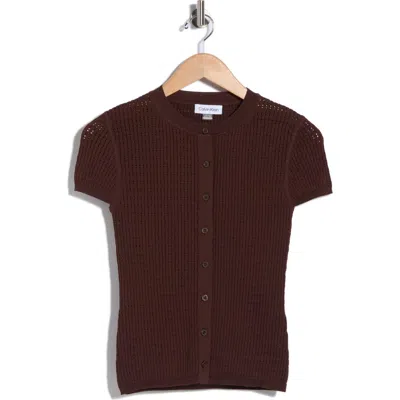 Calvin Klein Pointelle Short Sleeve Button Front Cardigan In Brown