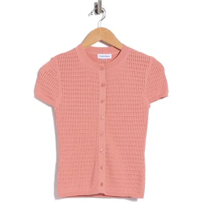 Calvin Klein Pointelle Short Sleeve Button Front Cardigan In Pink