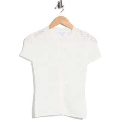 Calvin Klein Pointelle Short Sleeve Button Front Cardigan In White