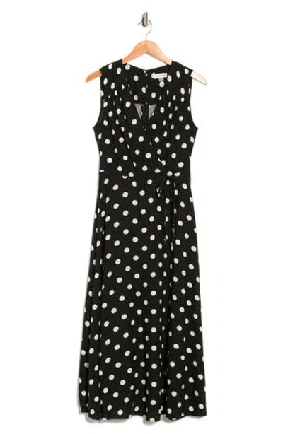 Calvin Klein Polka Dot Sleeveless Faux Wrap Maxi Dress In Black