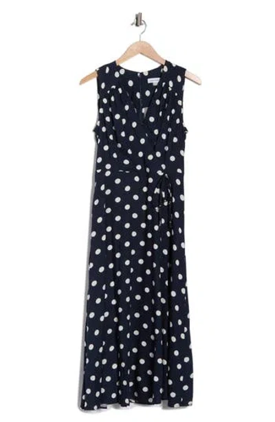 Calvin Klein Polka Dot Sleeveless Faux Wrap Maxi Dress In Blue