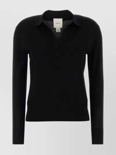 Calvin Klein Polo Shirt With Collared Design And Long Sleeves In Black