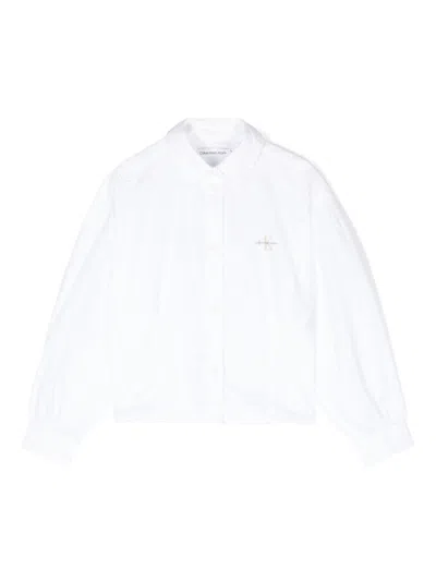 Calvin Klein Kids' Poplin Volume-sleeve Shirt In Weiss