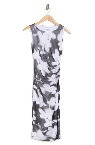 Calvin Klein Print Ruched Sleeveless Mesh Midi Dress In Black/white