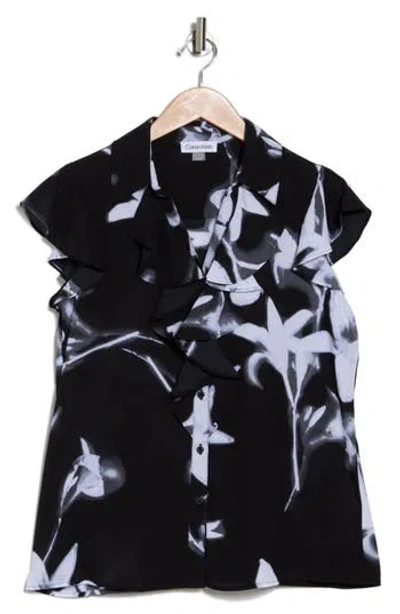 Calvin Klein Print Ruffle Cap Sleeve Shirt In Black Multi