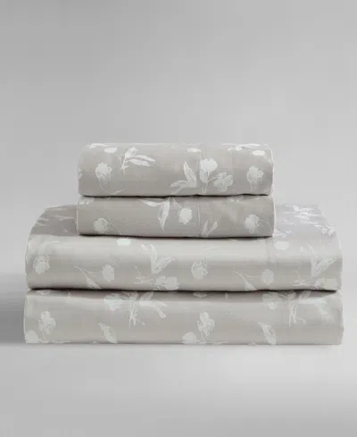 Calvin Klein Printed 300-thread Count Cotton Sateen 4-pc. Sheet Set, Queen In Flowers Beige