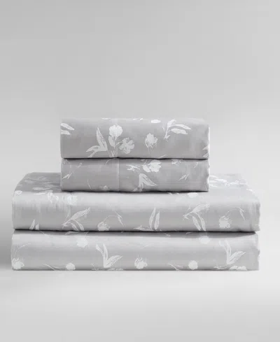 Calvin Klein Printed 300-thread Count Cotton Sateen 4-pc. Sheet Set, Queen In Flowers Plum