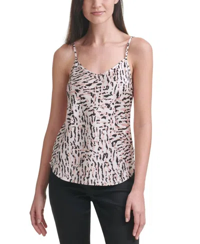 Calvin Klein Printed Charmeuse V Neck Tank Top In Rose Quartz In Neutral