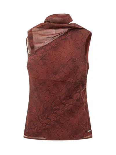 Calvin Klein Printed Chiffon Top In Rounded Reptile Fired Brick/burgundy