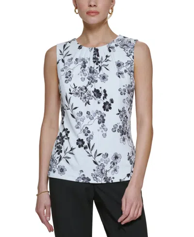 Calvin Klein Printed Pleat-neck Blouse, Regular And Petite Sizes In Black,cream Multi