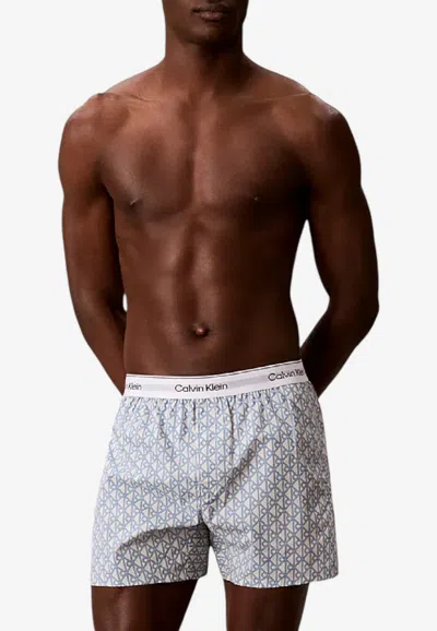 Calvin Klein Printed Poplin Boxer Shorts In Blue