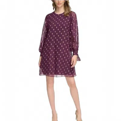 Calvin Klein Printed Shift Dress In Burgundy Gold In Purple