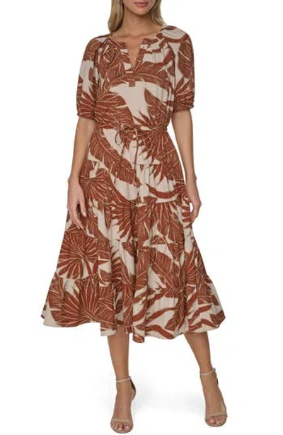 Calvin Klein Printed Split Neck Tiered Dress In Latte Mult