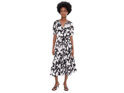 Calvin Klein Puff Sleeve Commuter Floral Tiered Midi In Multi
